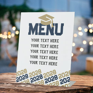 Marineblauw & Brons Goud Afstuderen Menu Party Reclamebord Met Voetstuk