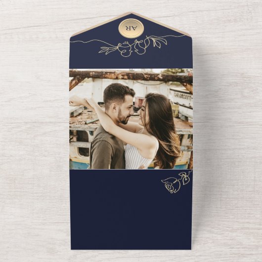 Marineblauw Bruiloft QR Code All In One Uitnodiging (Buitenkant)