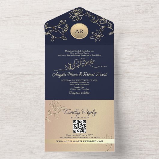 Marineblauw Bruiloft QR Code All In One Uitnodiging (Binnen)