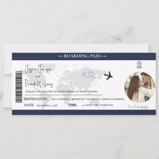 Marineblauw Bruiloft uitnodiging Boarding pass tic (Voorkant)