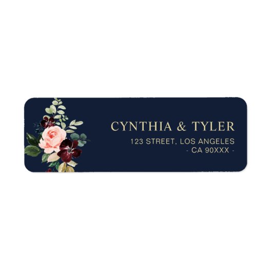 marineblauw burgundy floral address label (Voorkant)