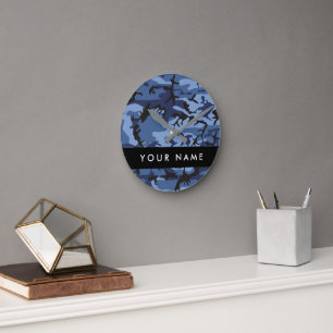 Marineblauw Camouflage Je naam Personaliseer Ronde Klok