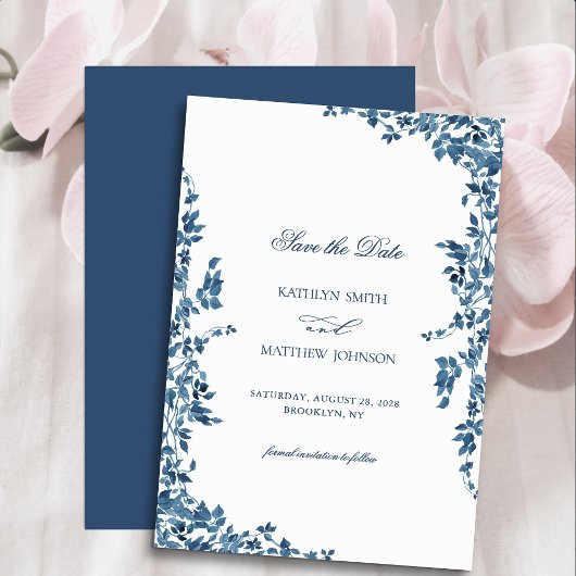 Marineblauw Classic Bloementuin Bruiloft Save The Date