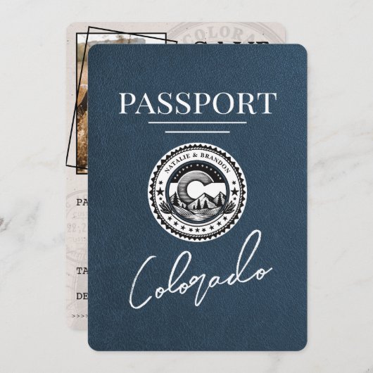 Marineblauw Colorado Passport Save the Date (Voorkant / Achterkant)