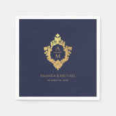 Marineblauw  Crest Monogram Faux Gold Bruiloft Servet (Voorkant)