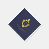 Marineblauw  Crest Monogram Faux Gold Bruiloft Servet (Hoek)