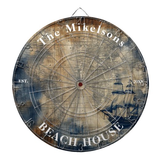 marineblauw custom nautisch strandhuis dartbord (Voorkant)