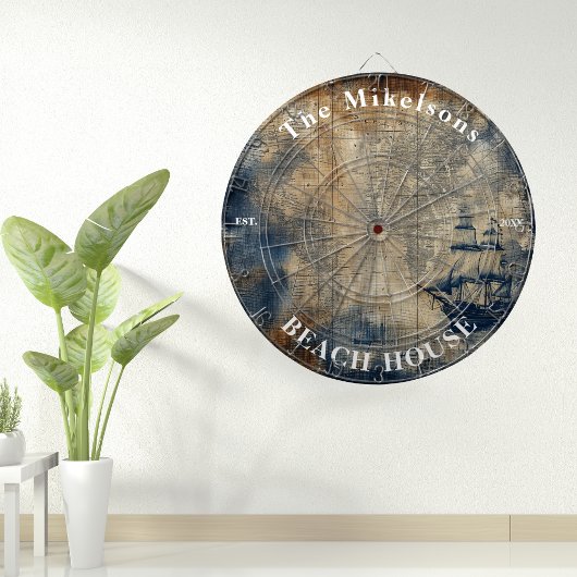 marineblauw custom nautisch strandhuis dartbord