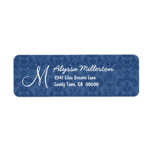 Marineblauw Damask Monogram M VER 001 Adreslabel Etiket