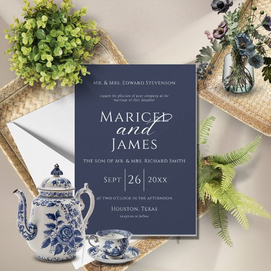 Marineblauw Eenvoudig Modern Elegant Bruiloft Kaart