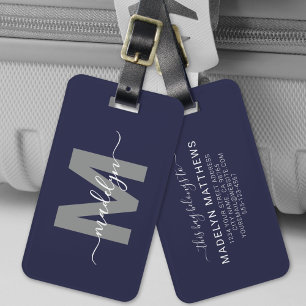 Marineblauw Eenvoudig Modern Monogram Bagagelabel