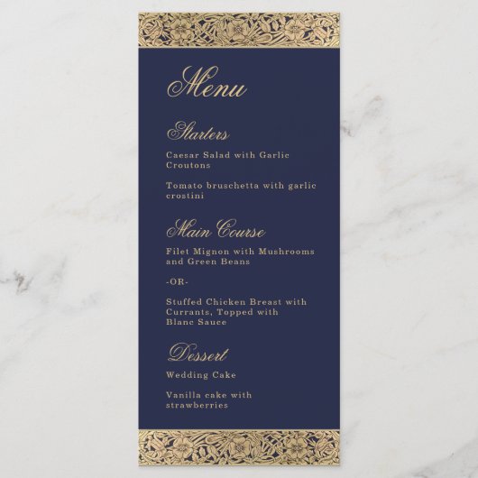 Marineblauw Elegant Goud Wilde Rozen Bruiloft Menu (Voorkant)