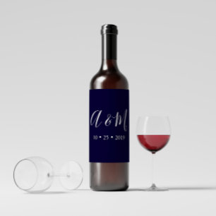 Marineblauw Elegant Monogram Bruiloft Wijn Label Etiket