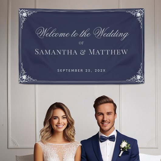 Marineblauw Elegant Script Bruiloft Welkom Spandoek