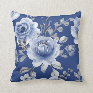 Marineblauw & Elegante Moderne Waterverf Bloemen Kussen