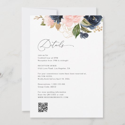 marineblauw en blozende bloemige bruiloft kaart (Achterkant)