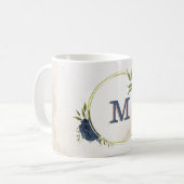 marineblauw en blozende roze bloemen groen koffiemok (Voorkant links)
