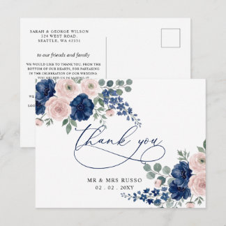 Marineblauw en Blush Bloem Moderne Dankjewel Briefkaart