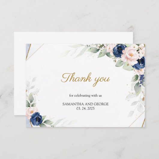Marineblauw en Blush Roze Bloemengroen Bedankt Informatiekaartje (Voorkant / Achterkant)