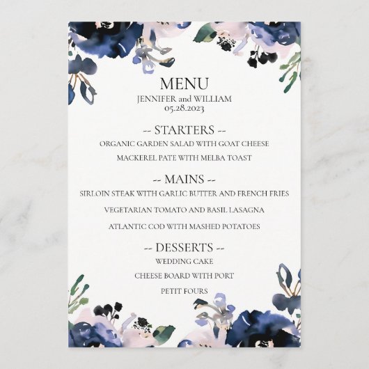 Marineblauw en Bord Roze Elegant Bloemenbruiloft Menu (Achterkant)