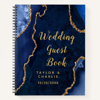 Marineblauw en Goud Agaten Trouwgastenboek Notitieboek