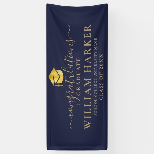 Marineblauw en goud elegante script afstuderen spandoek (Verticaal)