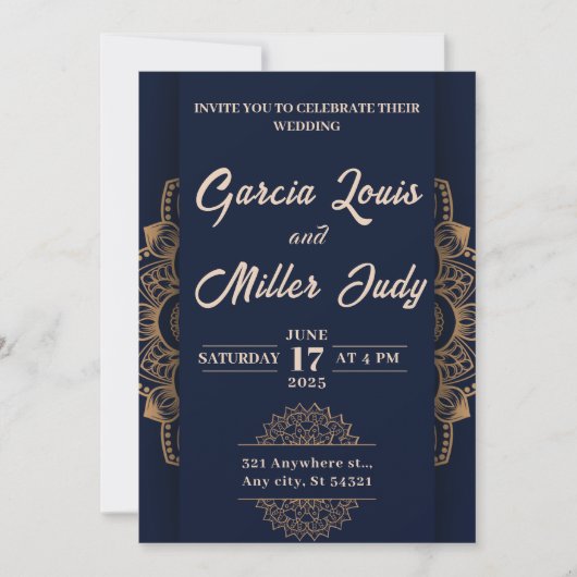 marineblauw en goud luxe bruiloft uitnodiging (Voorkant)