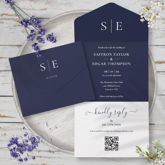 Marineblauw en Goud Monogram QR Code Bruiloft All In One Uitnodiging