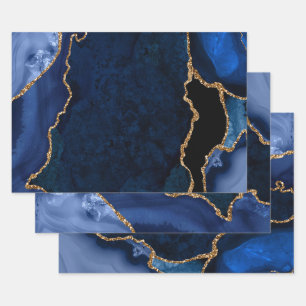 Marineblauw en goud namaak glitters agaat inpakpapier vel