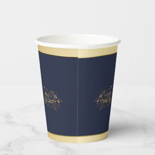Marineblauw en Goud Vijftigste Bruiloft Jubileum Papieren Bekers (Rechts)