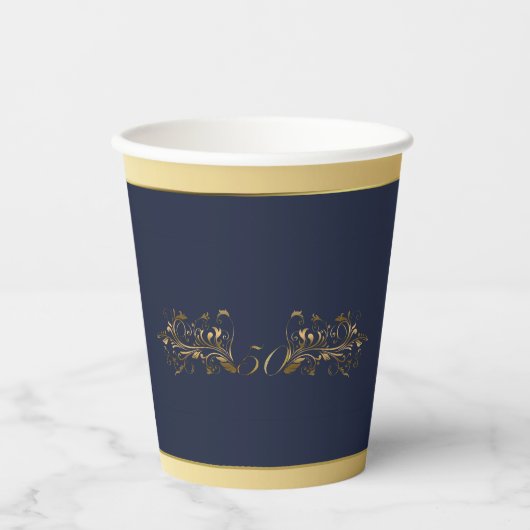 Marineblauw en Goud Vijftigste Bruiloft Jubileum Papieren Bekers (Voorkant)