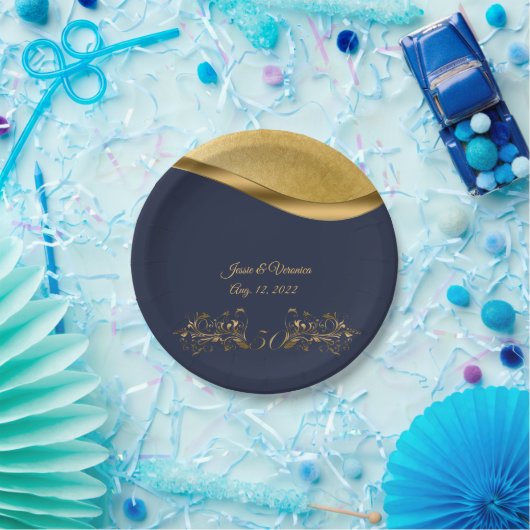 Marineblauw en Goud Vijftigste Bruiloft Jubileum Papieren Bordje (Feest)