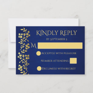 Marineblauw en goud vintage bloemenborder bruiloft RSVP kaartje
