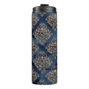 Marineblauw en goud vintage damask patroon thermosbeker