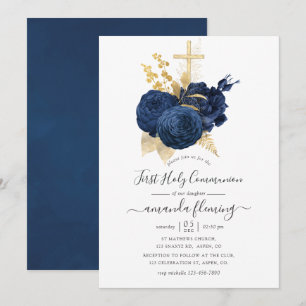 Marineblauw en goud vintage roos Heilige Communie Kaart