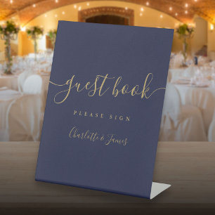 Marineblauw en gouden handtekeninggastboek reclamebord met voetstuk