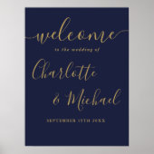 Marineblauw en gouden script bruiloft welkom teken poster (Voorkant)