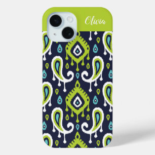 Marineblauw en groen Ikat Paisley Monogram