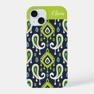 Marineblauw en groen Ikat Paisley Monogram iPhone 15 Hoesje