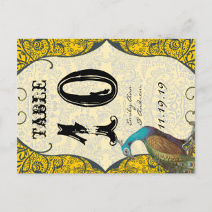 Marineblauw en Mosterd Pauw Liefdesvogel Tafelnumm Briefkaart