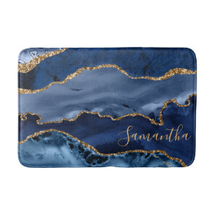 Marineblauw en namaigoud glinsterend marmer agaat badmat