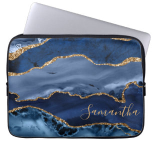 Marineblauw en nepgoud glinsterend marmer agaat laptop sleeve