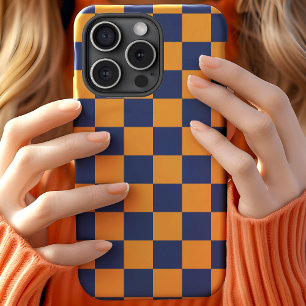 Marineblauw en oranje dambordruitpatroon iPhone 11 hoesje