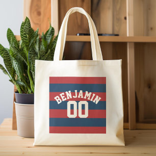 Marineblauw en rode rugby strepen naam nummer tote bag