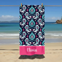 Marineblauw en Roze Ikat Paisley Naam Monogram