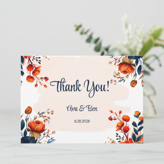 Marineblauw en Sinaasappel Bruiloft Dank u Kaarten (Staand voorkant)