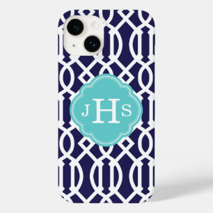 Marineblauw en Turquoise Modern Trellis Monogram Case-Mate iPhone 14 Hoesje