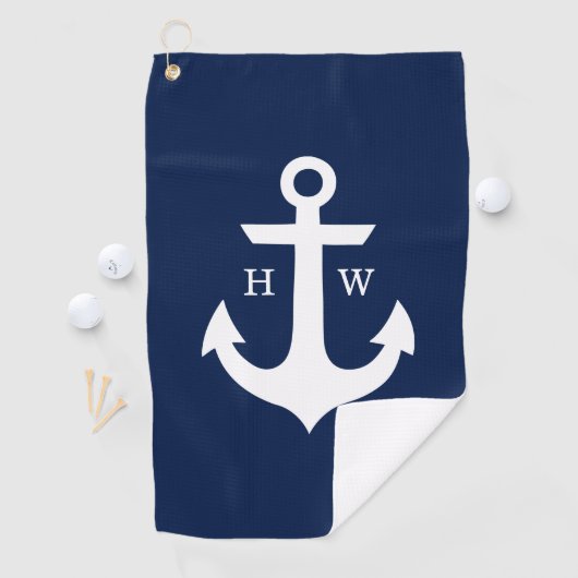 Marineblauw en Wit Anker Monogram Golfhanddoek (Insitu)