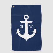 Marineblauw en Wit Anker Monogram Golfhanddoek (Voorkant)
