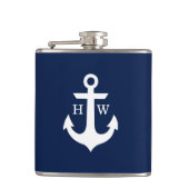 Marineblauw en Wit Anker Monogram Heupfles (Voorkant)